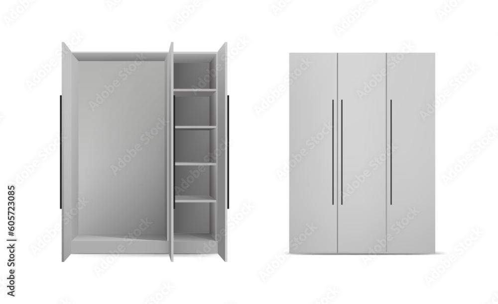 3d realistic vector icon set. White dress cupboard with two doors opened and shelves and closed. Isolated on white background. 3d realistic vector icon set. White dress cupboard with two doors opened and shelves and closed. Isolated on white background.