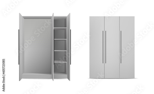 3d realistic vector icon set. White dress cupboard with two doors opened and shelves  and closed. Isolated on white background.