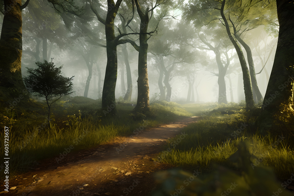 Path in the forest with foggy mysty atmosphere, created with generative AI technology Path in the forest with foggy mysty atmosphere, created with generative AI technology