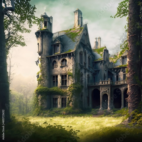 Enchanting Abandoned Medieval Mansion in a Fairytale Forest Generative AI