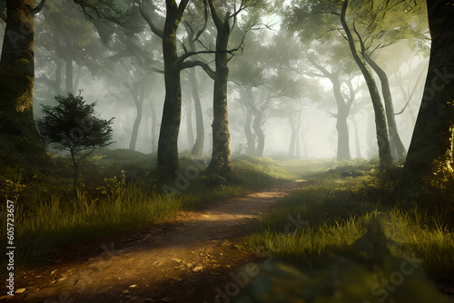 Path in the forest with foggy mysty atmosphere, created with generative AI technology