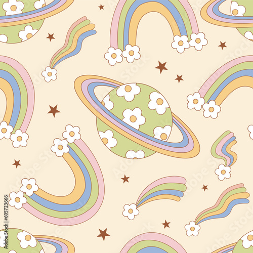 Groovy retro floral space vector seamless pattern. Flower power summer background.
