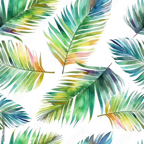 Watercolor tropical palm leaves seamless pattern. Vector illustration.