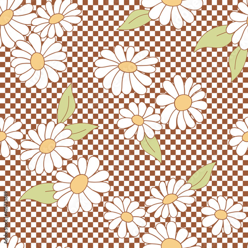 Retro 70s 60s Hippie Groovy Daisy Flower on checkers vector seamless pattern. Boho floral Summer retro colours flower bouquet checkered background surface design.