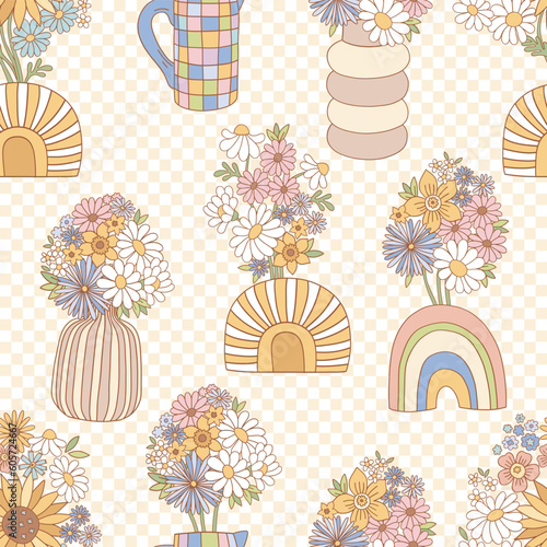 Groovy retro vase with floral bouquet vector seamless pattern. Flower power summer background.