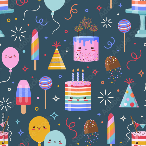 Cute Kawaii Cakes Sweets and Balloons Pattern
