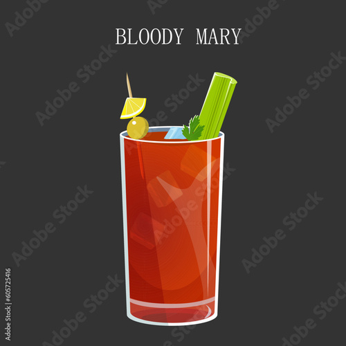 	
Vector illustration of a Bloody Merry cocktail. Decorating the drink with olive, celery and lemon. EPS 10.