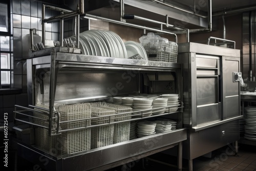 industrial dishwasher with dishes and utensils ready for use, created with generative ai