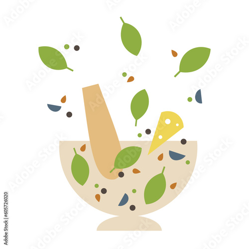 Pesto. Illustration with basil leaves, hazelnut, parmesan cheese, garlic,  olive oil, dish. Illustrated process of preparing Mediterranean food. Sauce recipe, appetisers. Cartoon  illustration