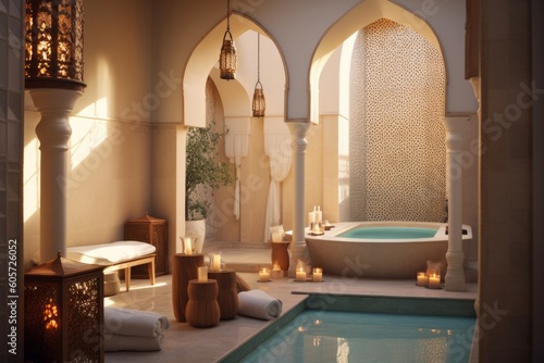 Traditional Moroccan hammam , with mosaic tiles, decorative arches, and spa accessories, promoting relaxation and wellness. Generative AI photo