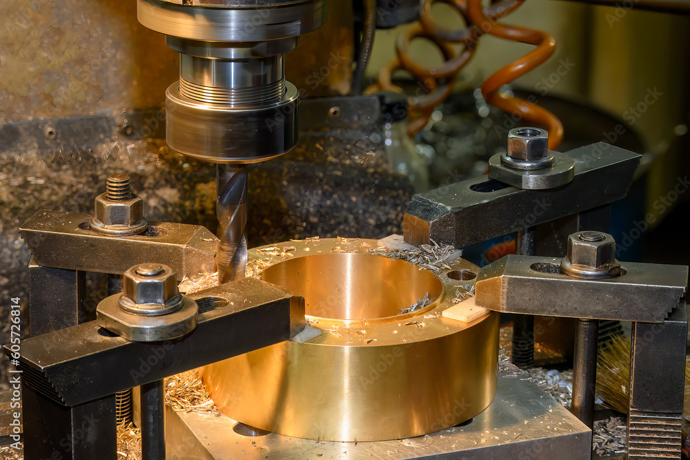The drilling process on NC milling machine with brass material. The drilling process on NC milling machine with brass material.