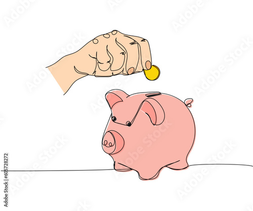 Putting coins in a piggy bank, savings color, colored one line art. Continuous line drawing of bank, money, finance, financial, payment, data, savings, economic, wealth, credit