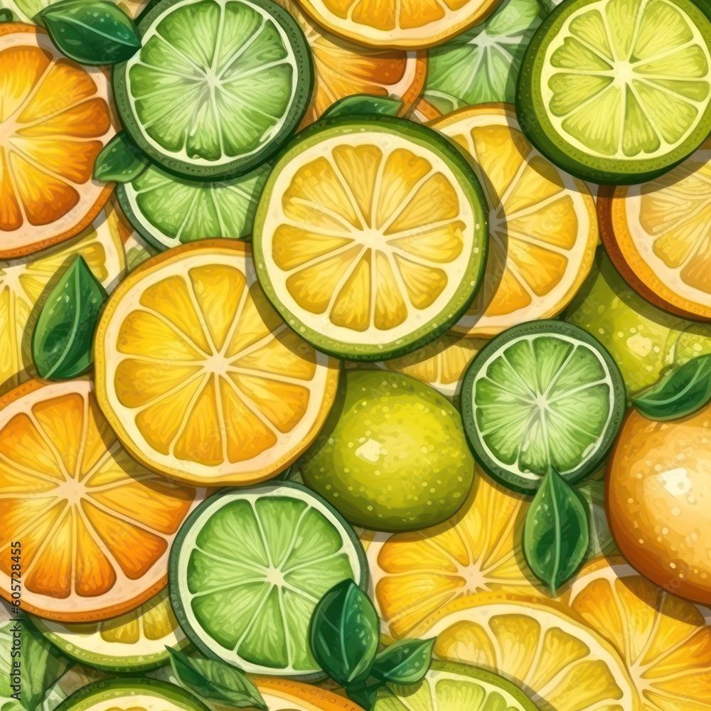 Slices of fresh juicy yellow lemons and limes. background texture, pattern. Generative AI Slices of fresh juicy yellow lemons and limes. background texture, pattern. Generative AI