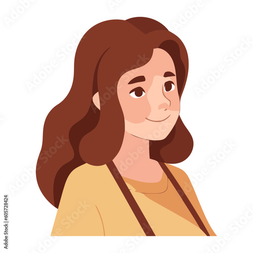 Cheerful teenager with brown hair looking at sign