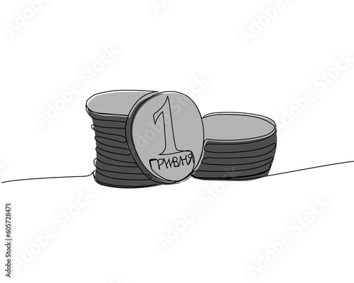 Stacks of coins of different heights, 1 hryvnia, cents, kopecks, pennies color, colored one line art. Continuous line drawing of bank, money, finance, payment, data, savings, economic, wealth, credit