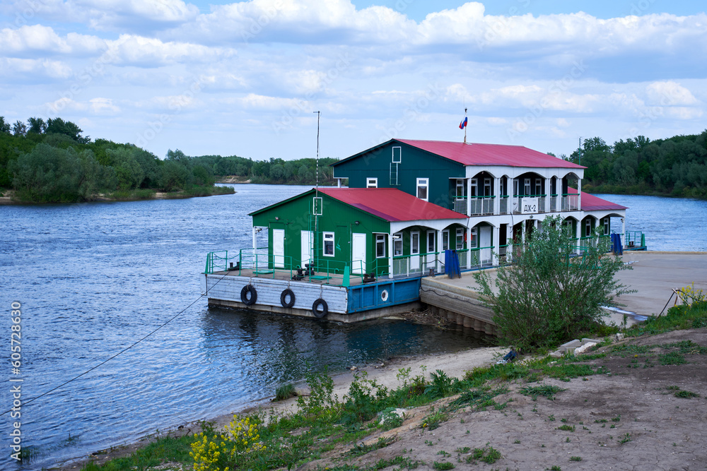 Floating pier on the Oka river in Russia