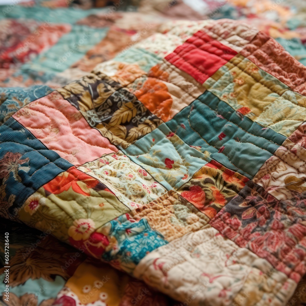 Patchwork quilt. Part of a patchwork quilt as a background. Floral print. Colored quilt in patchwork style. Colored blanket. Self made. Generative AI