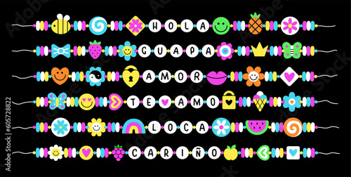 BFF colorful 90s pop art style vintage bracelet set. Be friends forever beaded accessory design with Hello, Crazy, Pretty, I love you, Dear quotes in Spanish. EPS 10 vector retro elements collection.