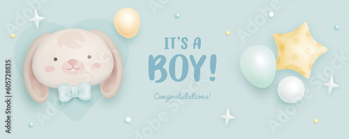 Baby shower horizontal banner, invitation or greeting card with cartoon 3d bunny and helium balloons on turquoise background. It's a boy. Vector illustration
