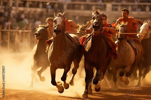 A composition featuring a Roman chariot race in action, capturing the speed, agility, and excitement of ancient Roman sports. Generative Ai photo