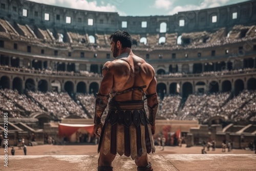 A dramatic shot of a gladiator in the Colosseum, showcasing the intensity and spectacle of Roman entertainment. Generative AI