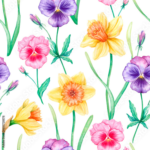 Seamless floral watercolor background. Bright flowers yellow daffodils, purple and pink pansies with green stems and leaves on a white background. Hand-drawn illustration.