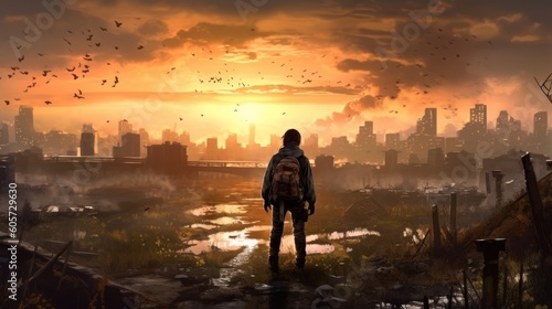 Game art piece that captures a significant moment in the middle of a hero's journey through a post - apocalyptic world. The protagonist, a resilient survivor, stands at the threshold of a crumbling ci photo