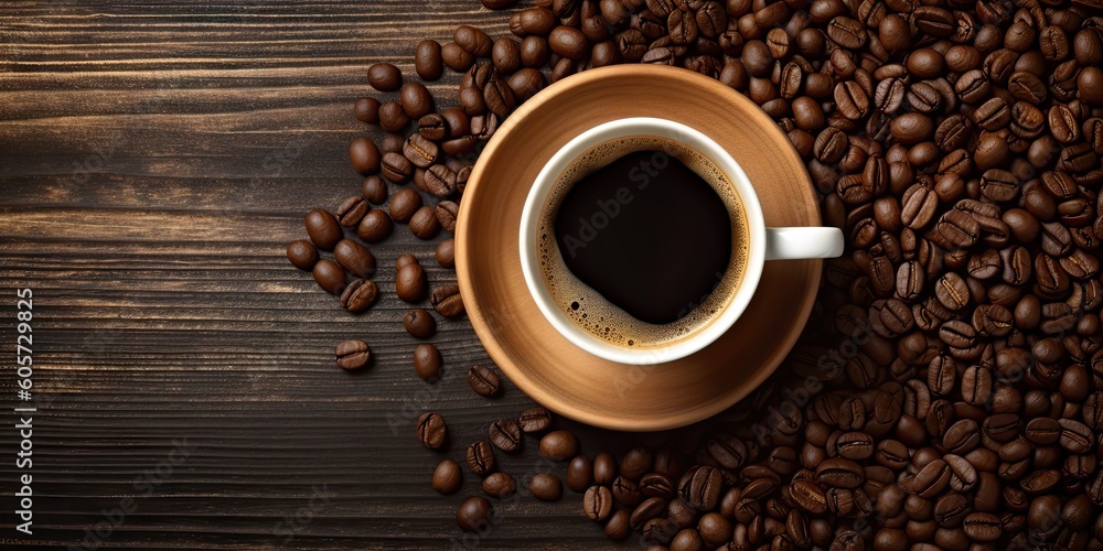 Top View Temptation. Coffee Cup on a Wooden Table with Coffee Beans Top View Temptation. Coffee Cup on a Wooden Table with Coffee Beans
