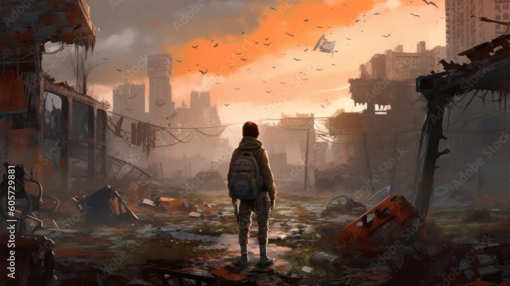 Game art piece that captures a significant moment in the middle of a hero's journey through a post - apocalyptic world. The protagonist, a resilient survivor, stands at the threshold of a crumbling ci Game art piece that captures a significant moment in the middle of a hero's journey through a post - apocalyptic world. The protagonist, a resilient survivor, stands at the threshold of a crumbling ci