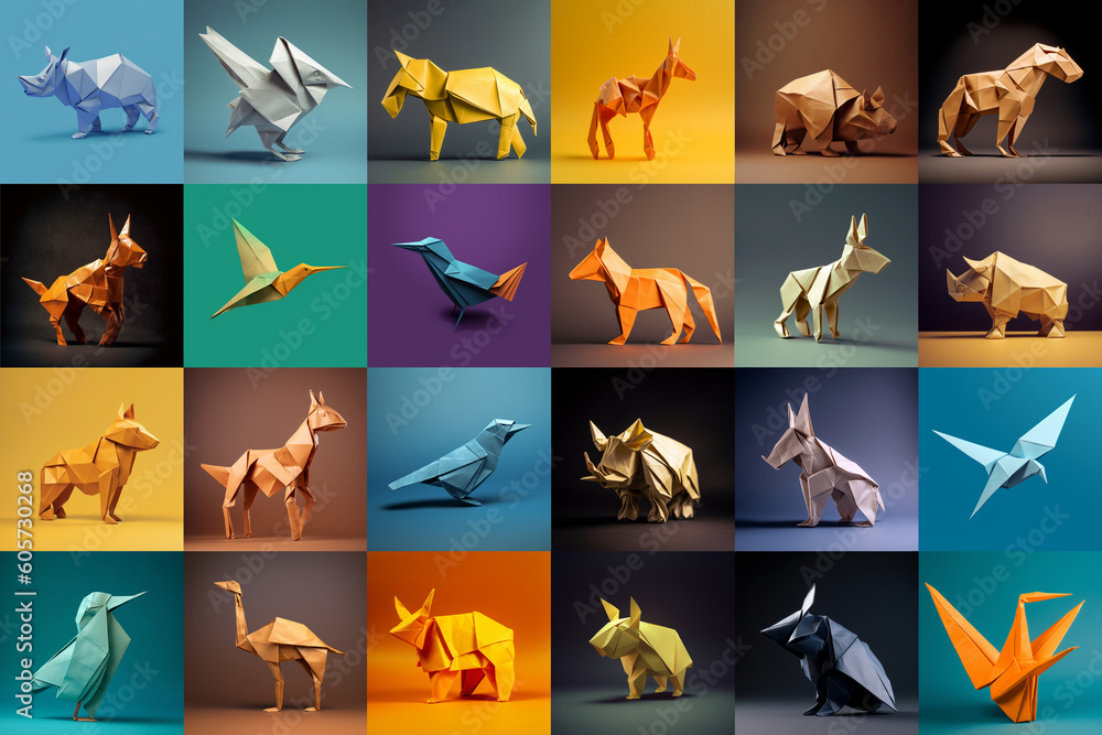 Set of origami animals and birds created using generative AI technology