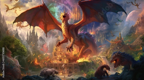 Artwork showcasing a diverse array of legendary creatures from folklore and mythology, such as dragons, griffins, unicorns, and phoenixes, gathered in a majestic and awe - inspiring setting