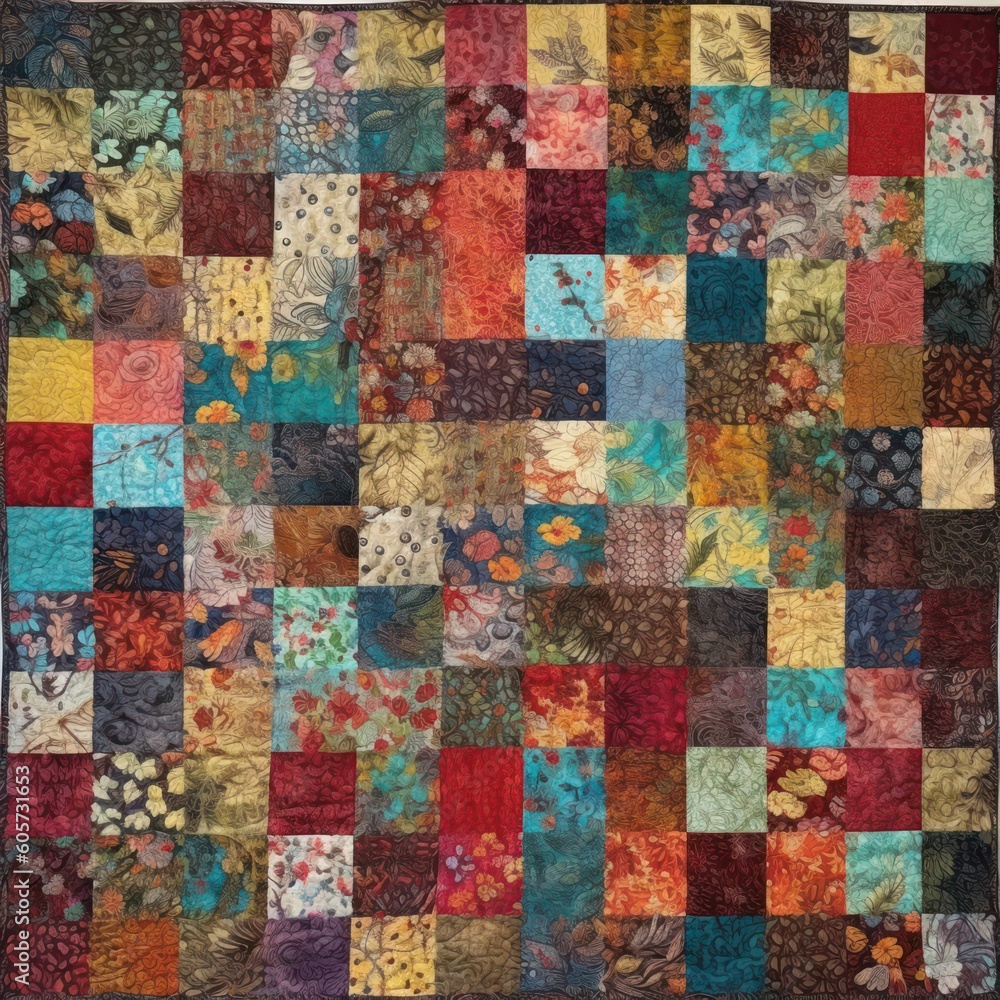 Patchwork quilt. Part of a patchwork quilt as a background. Floral print. Colored quilt in patchwork style. Colored blanket. Self made. Generative AI Patchwork quilt. Part of a patchwork quilt as a background. Floral print. Colored quilt in patchwork style. Colored blanket. Self made. Generative AI