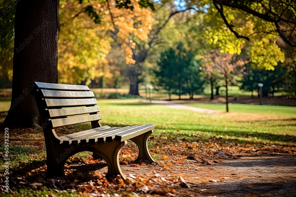 Lonely bench in a park, Generative AI
