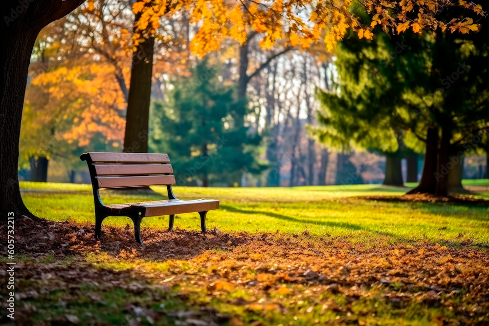 Lonely bench in a park, Generative AI Lonely bench in a park, Generative AI