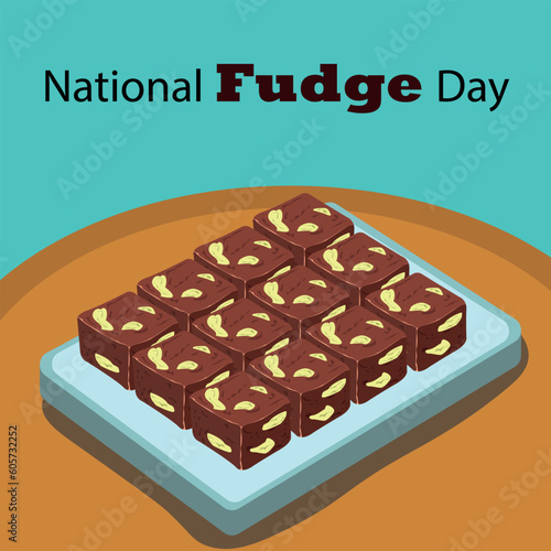 National Fudge Day chocolate fudge on the table and bold text