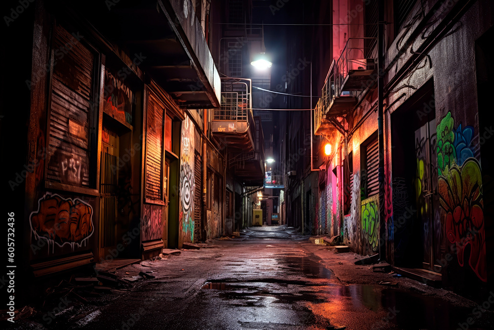 Obraz premium Dark alley in a bustling city, Generative AI