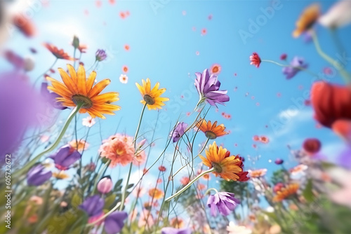 Beautiful spring or summer flowers flying in the air, against teal background. View from below. Creative spring or summer floral layout. Minimal birthday, valentines or wedding concept