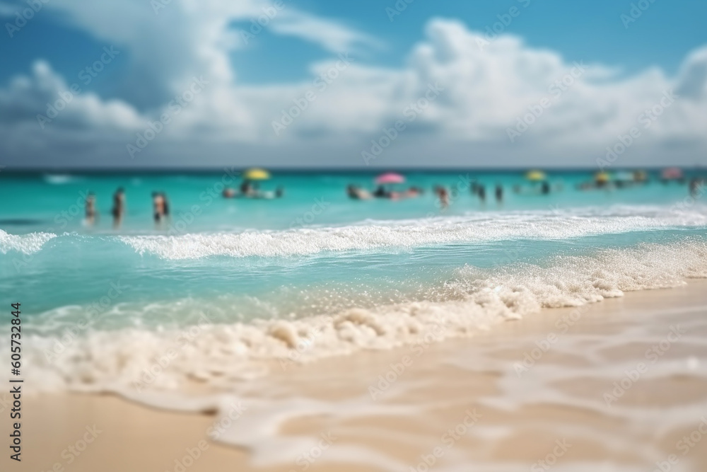 Abstract blur defocused background. Tropical summer beach with golden sand, turquoise ocean and blue sky with white clouds on bright sunny day generative AI technology