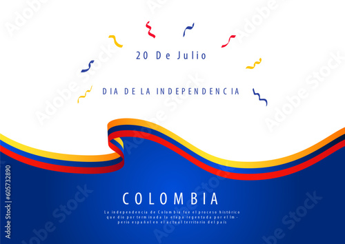 20th July Colombia Independence Day background with wavy flag and confetti vector illustration