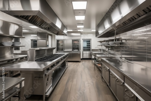 high-volume kitchen with aisles of orderly stainless steel countertops and food preparation stations, created with generative ai