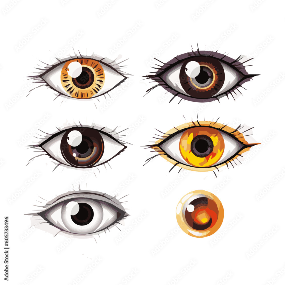 Set of various hand drawn doodle eyes vector flat illustration. Collection of evil, ra, turkish, greek and esoteric eye different shapes isolated on white background. Colorful clairvoyance elements