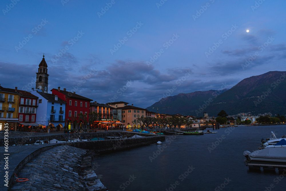 Lake Maggiore and the city of Ascona during a spring evening in Canton Ticino, Switzerland - May 2023
