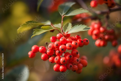 Red rowan berries on a branch in the autumn forest. Close-up. Generative AI
