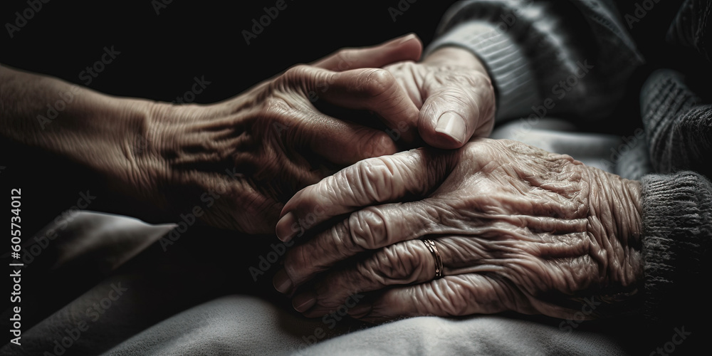 Fototapeta premium Nurse consoling her elderly patient by holding her hands, panoramic image. Generative Ai