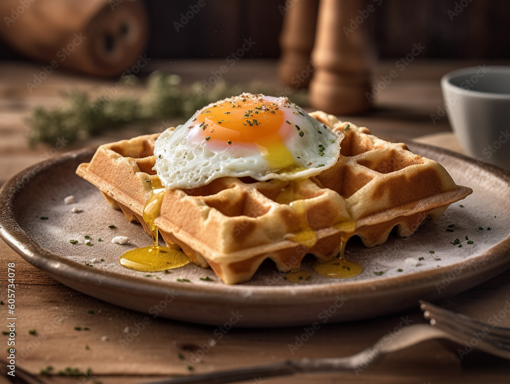 A delicious waffle served with a half-cooked fried egg on top. Its bright yellow yolk radiates health and nourishment. Also served with a drizzle of honey on top. A delicious waffle served with a half-cooked fried egg on top. Its bright yellow yolk radiates health and nourishment. Also served with a drizzle of honey on top.