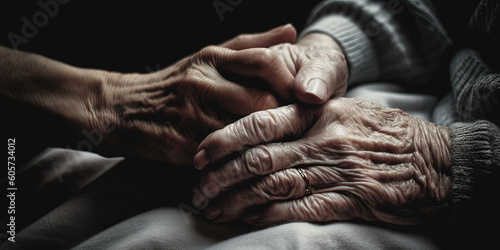 Nurse consoling her elderly patient by holding her hands, panoramic image. Generative Ai