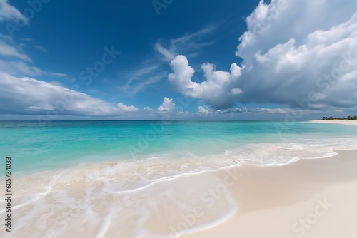 Beautiful sandy beach with white sand and rolling calm wave of turquoise ocean on Sunny day on background white clouds in blue sky generative AI technology