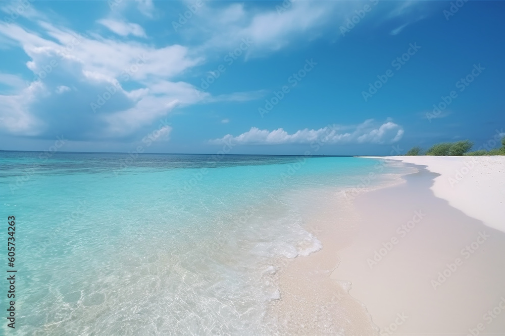 Beautiful sandy beach with white sand and rolling calm wave of turquoise ocean on Sunny day on background white clouds in blue sky generative AI technology