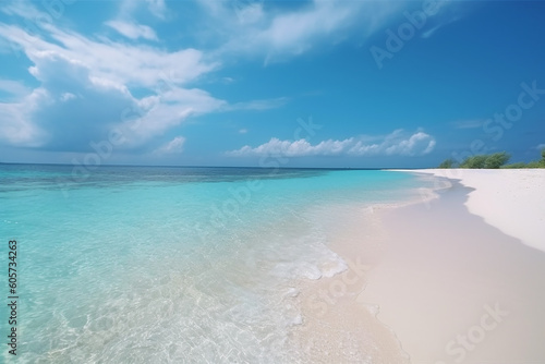 Beautiful sandy beach with white sand and rolling calm wave of turquoise ocean on Sunny day on background white clouds in blue sky generative AI technology