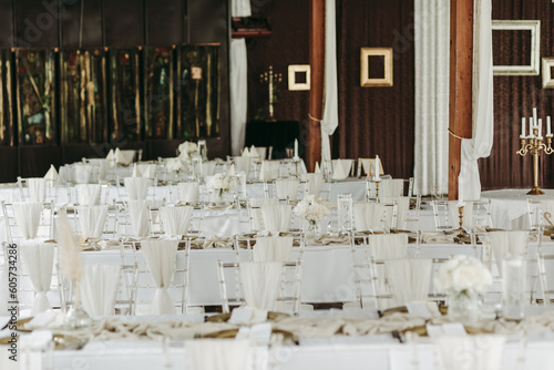 Beautiful wedding venue with white and beige details decoration